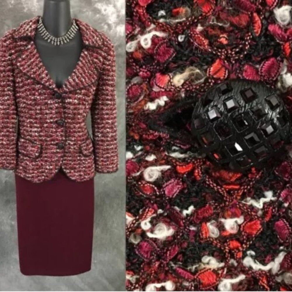 BEAUTIFUL St John couture knit red pink black multi Rhinestones skirt suit 8 - Picture 1 of 9